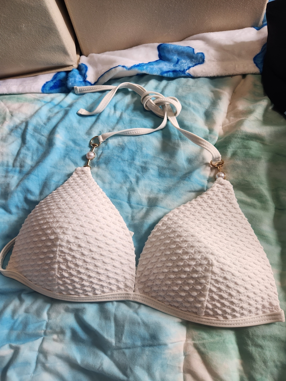 White Textured Bikini Top with Pearl Gold Hardware.